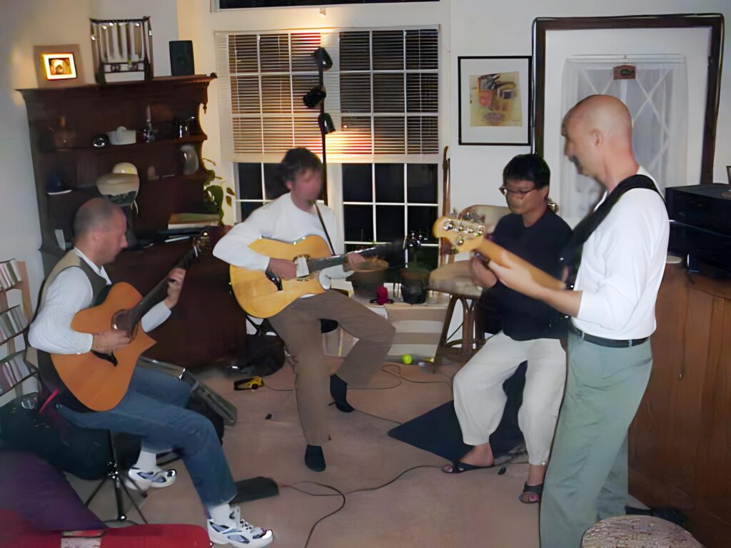 California Guitar Trio with Tony Levin rehearsing in Jon and Bonnie Lybrook's Living Room in 2000